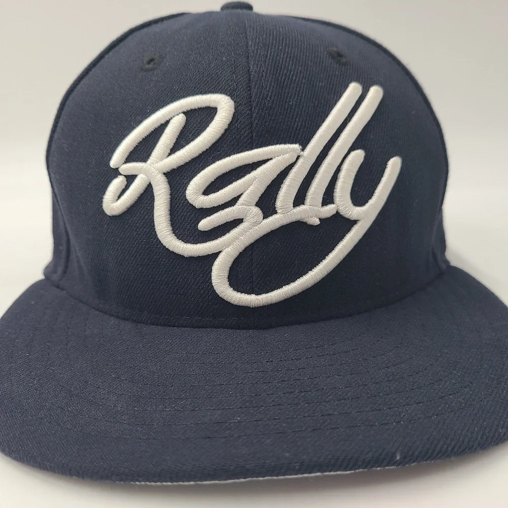 Baseballism Hat Fitted 7 1/4 59Fifty New Era Blue White Rally Cap Script Logo‎